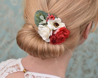 Flower Hair Clip in Red and Off-white Roses