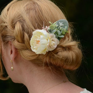 Ivory Peony Flower Hair Clip with Eucalyptus | Bridesmaids Hair Clip | Bridal Hair Clip | Flower Bun Clip | Pink Hair Clip