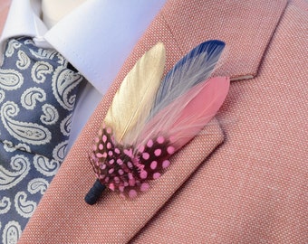 Navy Blue, Blush Pink, Coral and Gold Feather Lapel Pin