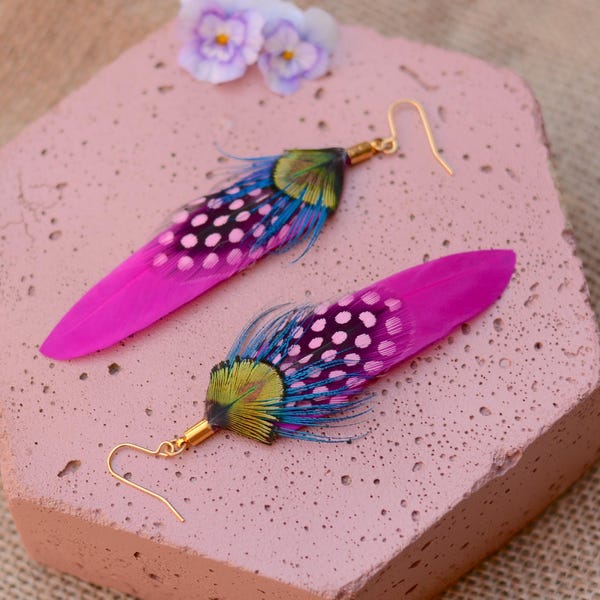 Feather Earrings in Hot Pink and Turquoise  - Peacock Feather Jewellery