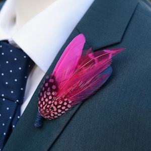 Hot Pink and Navy Blue Feather Lapel Pin | Pheasant Feather Boutonniere |  Feather Brooch | Feather Hat Pin