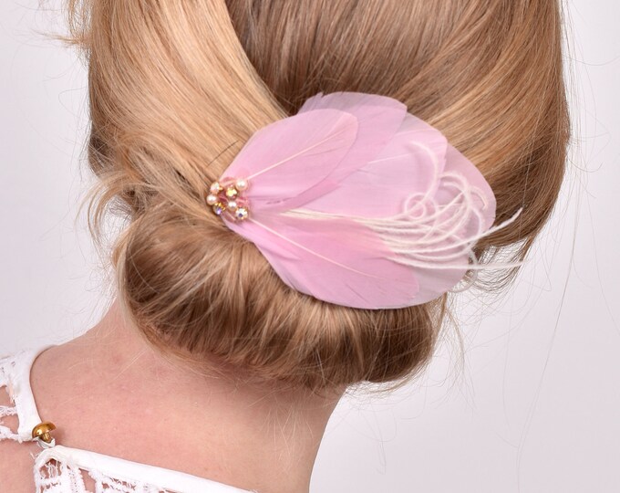 Vintage Style Feather Hair Clip in Pink Embellished with Pearls and Crystals
