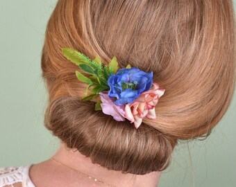 Blue, Pink and Violet Flowers Hair Clip | Bridal Hair Clip | Bridesmaids Hair Clip | Flower Girl Hair Clip | Flower Bun Clip