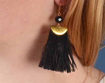 Black Ostrich Flat Feather Tassel Earrings