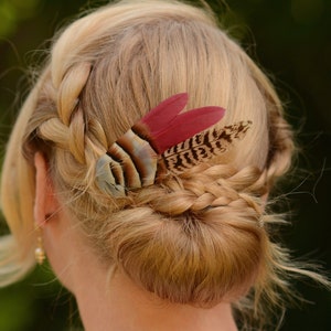 Burgundy, Partridge and Pheasant Feather Hair Clip | Pheasant Feather Fascinator | Feather Headpiece | Bridesmaid Hair Clip