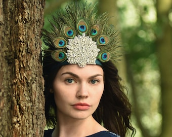 Peacock Feather Crown Headpiece with Rhinestones