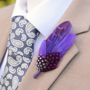 Vibrant Purple Polka Dot Feather Pin | Pheasant Feather Boutonniere |  Feather Brooch | Feather Hat Pin