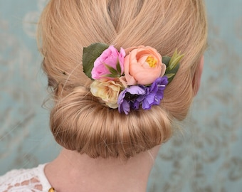 Flower Hair Clip in Pastel Pink, Peach and Lilac | Bridesmaids Hair Clip | Floral Headpiece | Bridal Hair Clip | Flower Bun Clip