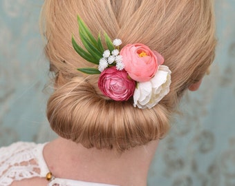 Flower Hair Clip in Pink and Ivory Ranunculus