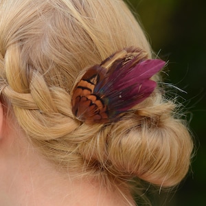 Small Plum Purple and Copper Pheasant Feather Hair Clip | Feather Fascinator | Bridal | Bridesmaid Hair Clip | Wedding Fascinator