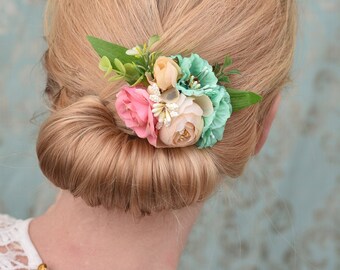 Flower Hair Clip in Peach, Pink and Turquoise