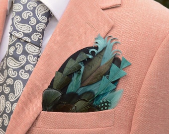 Shades of Teal and Green Feather Pocket Square No.153