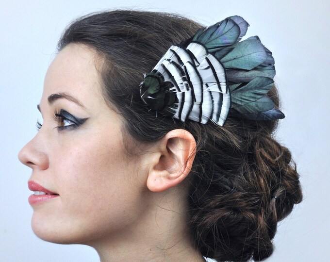 Dark Green Black Lady Amherst Pheasant Feather Hair Clip Fascinator Pin Vtg 672 Dark Green Black Lady Amherst Pheasant Feather Hair Clip Fascinator Pin Vtg 672