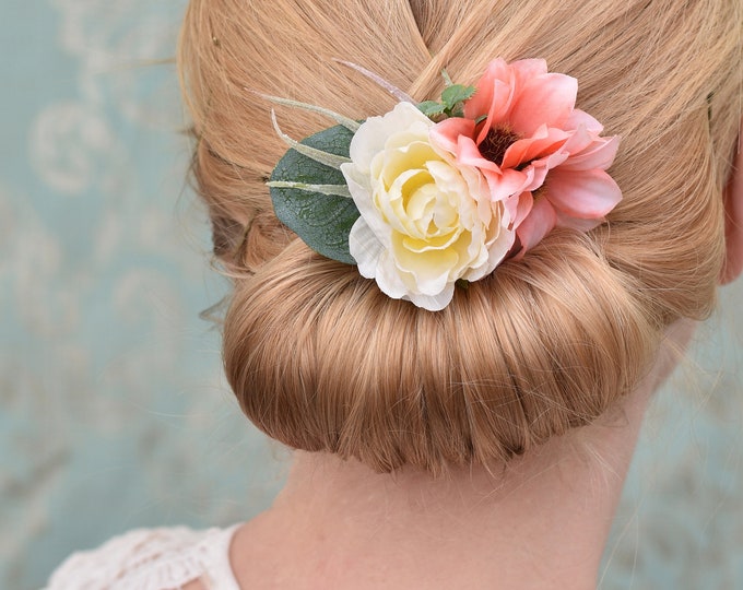Flower Hair Clip in Pink and Ivory Peony and Daisies