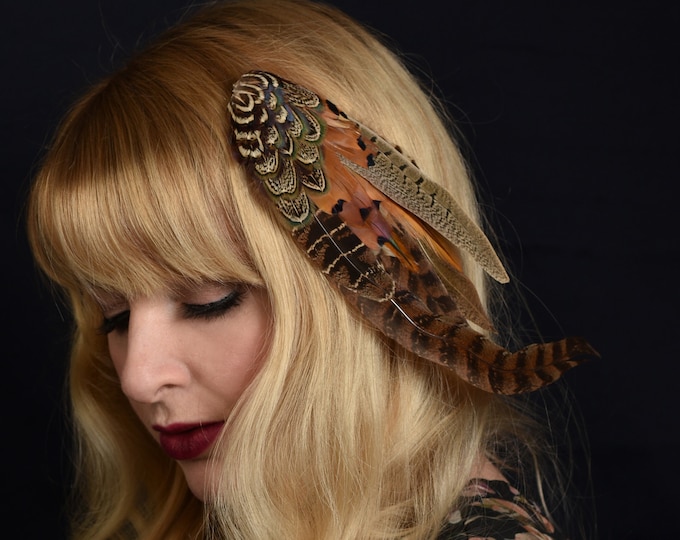 Feather Hair Clip Fascinator in Natural Mixed Pheasant Feathers
