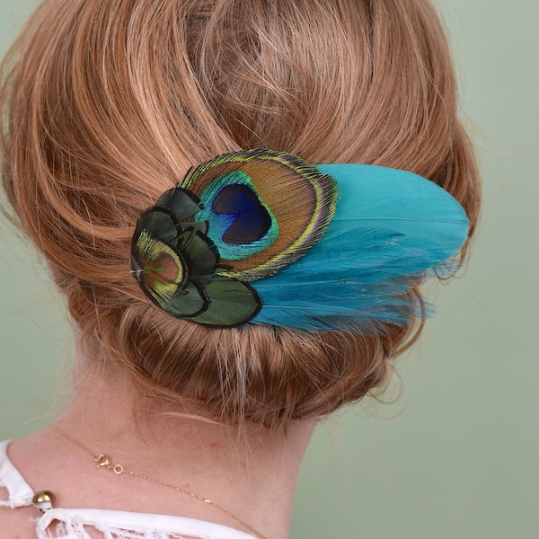 Teal and Peacock Feather Hair Clip | Peacock Feather Fascinator  | Bridal Hair Clip | Bridesmaid Hair Clip | Wedding Fascinator