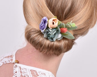 Artificial and Dried Flower Hair Clip in  Blue and Blush Pink