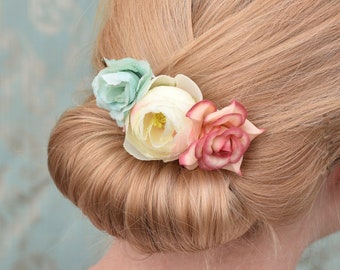 Flower Hair Clip in Pastel Pink, Mint and Ivory Roses and Ranunculus