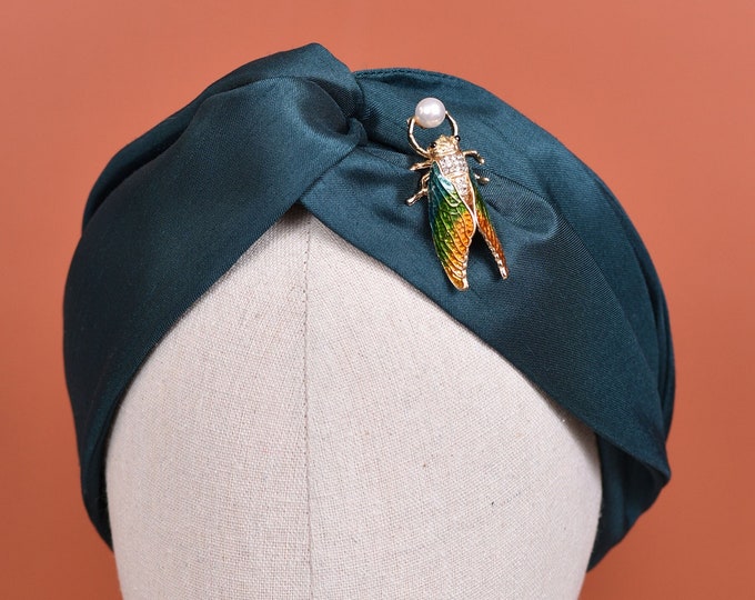 Beetlejuice - Rich Teal Faux Silk Twist Turban Headband with Detachable Beetle Brooch