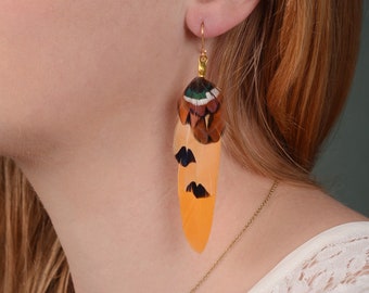 Mustard Yellow and Copper Pheasant Feather Earrings