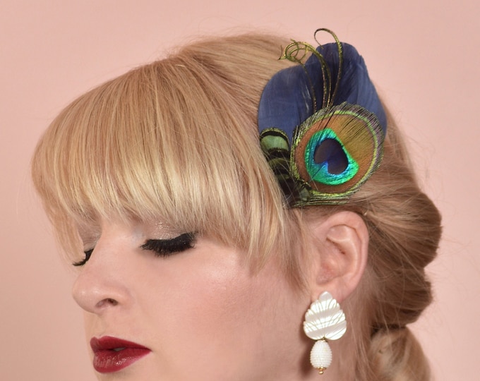Navy Blue and Peacock Eye Feather Hair Clip Fascinator