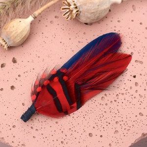 Navy Blue and Red Feather Boutonniere | Duck Feather Pin | Feather Hat Pin