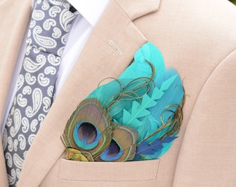 Teal and Turquoise Green Peacock Feather Pocket Square No.215