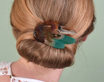 Green and Copper Pheasant Feather Hair Clip