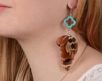 Unique Mixed Tassel Pheasant Feather Earrings with Rose Gold Bead No.33