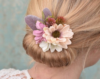 Daisy Flower Hair Clip in Pink and Ivory Daisies and Lambs Ears Leaves