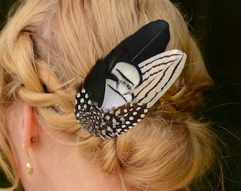 Black & White Feather Fascinator Hair Clip. Handmade in the USA. Feather Hair Clip, White and Black With Square Rhinestones  main image 2