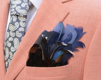 Navy Blue Duck and Pheasant Feather Pocket Square No.130