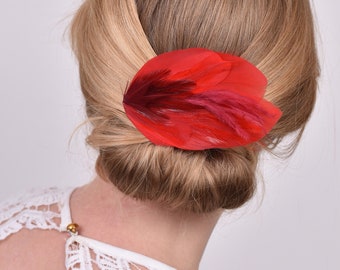 Feather Hair Clip in Red and Crimson