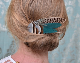 Teal or Green Partridge and Pheasant Feather Hair Clip