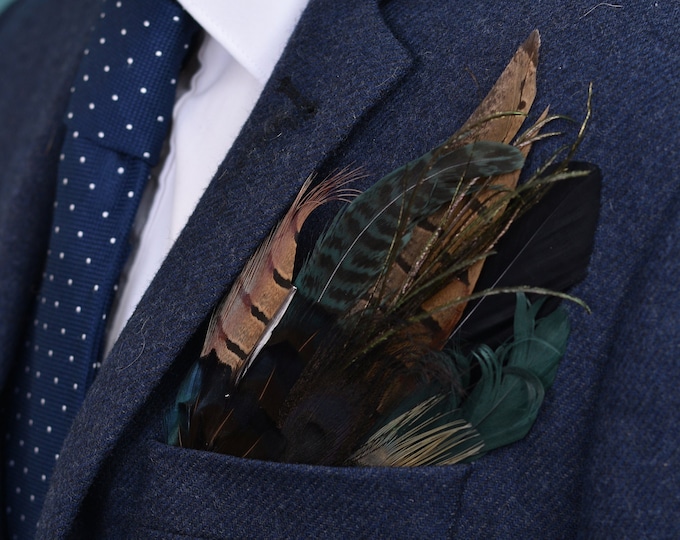 Deep Black Green Peacock and Pheasant Feather Pocket Square No.49