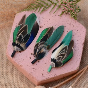 Bottle Green Duck Feather Boutonnieres | Duck Feather Hat Pin | Duck Feather Brooch