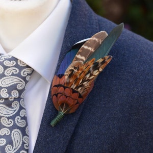 Pheasant & Duck Feather Lapel Brooch / Hat Pin in Bottle Green | Pheasant Feather Boutonniere | Pheasant Feather Lapel Pin | Feather Corsage
