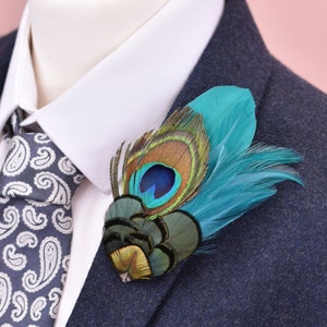 Teal and Peacock Feather Boutonniere | Peacock Feather Pin  Peacock Feather Brooch | Peacock Feather Hat Pin