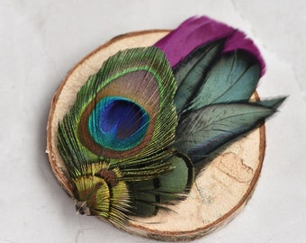 Plum Purple and Peacock Feather Hair Clip Fascinator