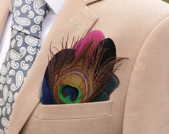 Plum Purple, Black, Navy and Peacock Feather Pocket Square No.154