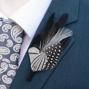 Feather Brooch Pin in Monochrome Black and White |  Feather Boutonniere | Pheasant Feather Lapel Pin | Feather Hat Pin