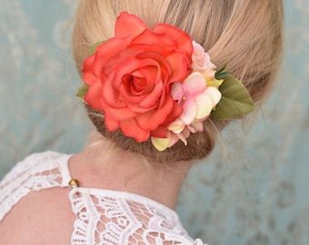 Bright Orange, Pink and Yellow Vintage Style Rose Flower Hair Clip
