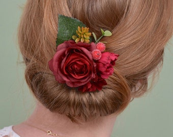 Red Rose and Berries Flower Hair Clip