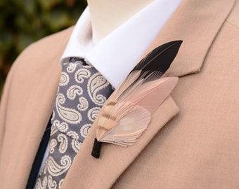 Blush Pink, Black and Ivory Peacock Feather Lapel Pin Small No.237