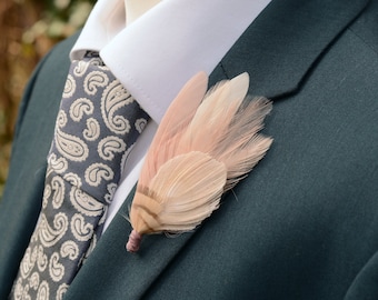 Blush Pink and Ivory Peacock Feather Lapel Pin Brooch