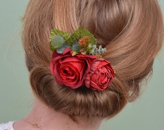 Red Rose and Ranunculus Hair Clip