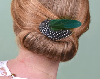 Feather Hair Clip in Bottle Green and Polka Dot