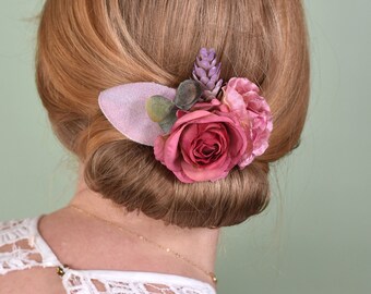 Pink Rose and Peony Flower Hair Clip