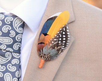 Navy Blue and Mustard Yellow  Duck and Pheasant Feather Lapel Pin