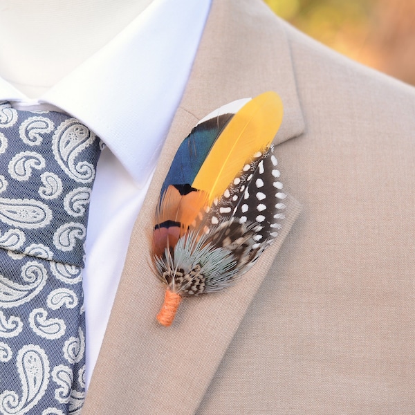 Marineblau und Senfgelb Ente und Fasan Feder Anstecknadel | Fasan Feder Boutonniere | Feder-Brosche | Feder-Hut-Pin